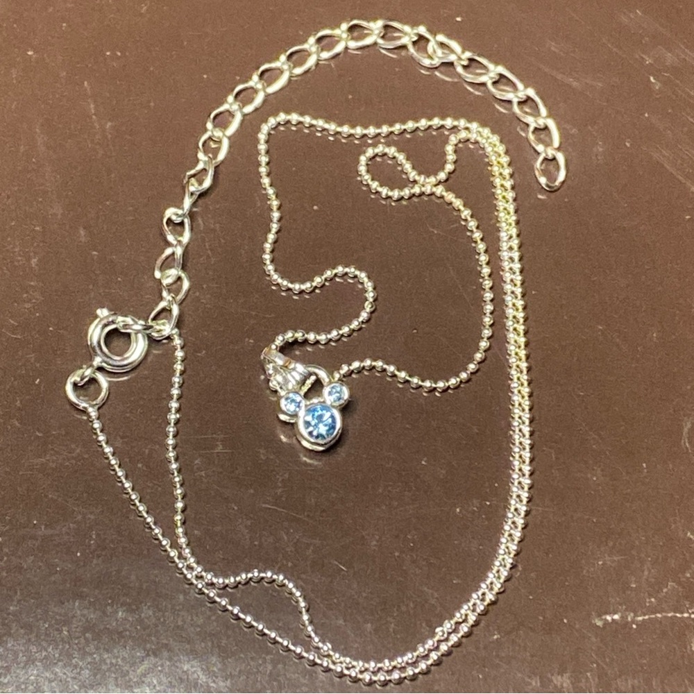 Disney 18” Adjustable Silver Chain Necklace Mickey Head Icon Blue Stone .25”